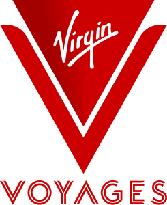 Virgin Voyages logo featuring a large red V and 'VOYAGES' text, with white Virgin script at the center.
